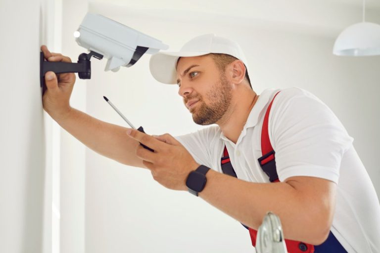 A technician installs a security camera on a wall, using a screwdriver and wearing a white shirt with red suspenders.