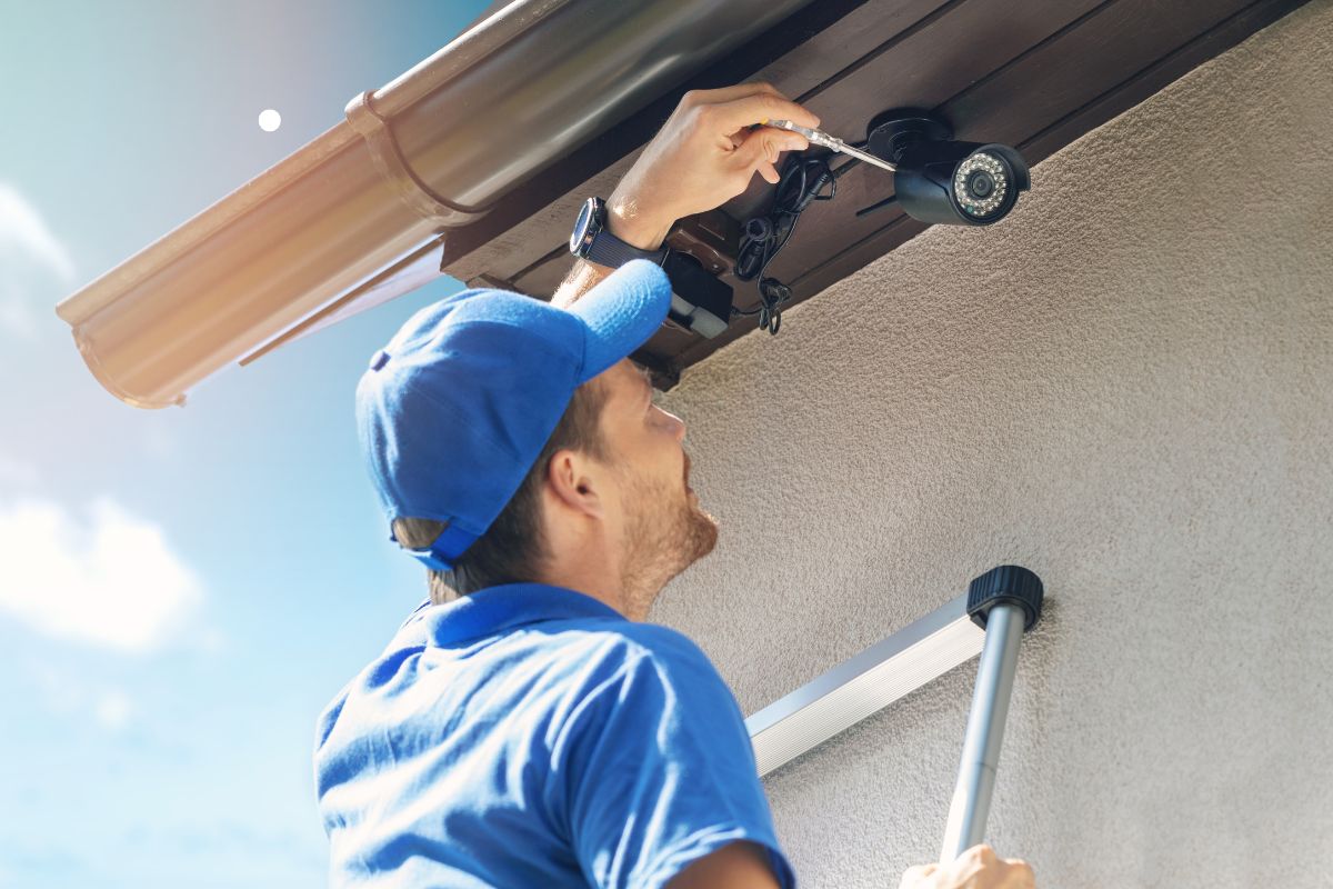 A technician in a blue cap installs a security camera on a building, using a tool and standing on a ladder under a clear sky.